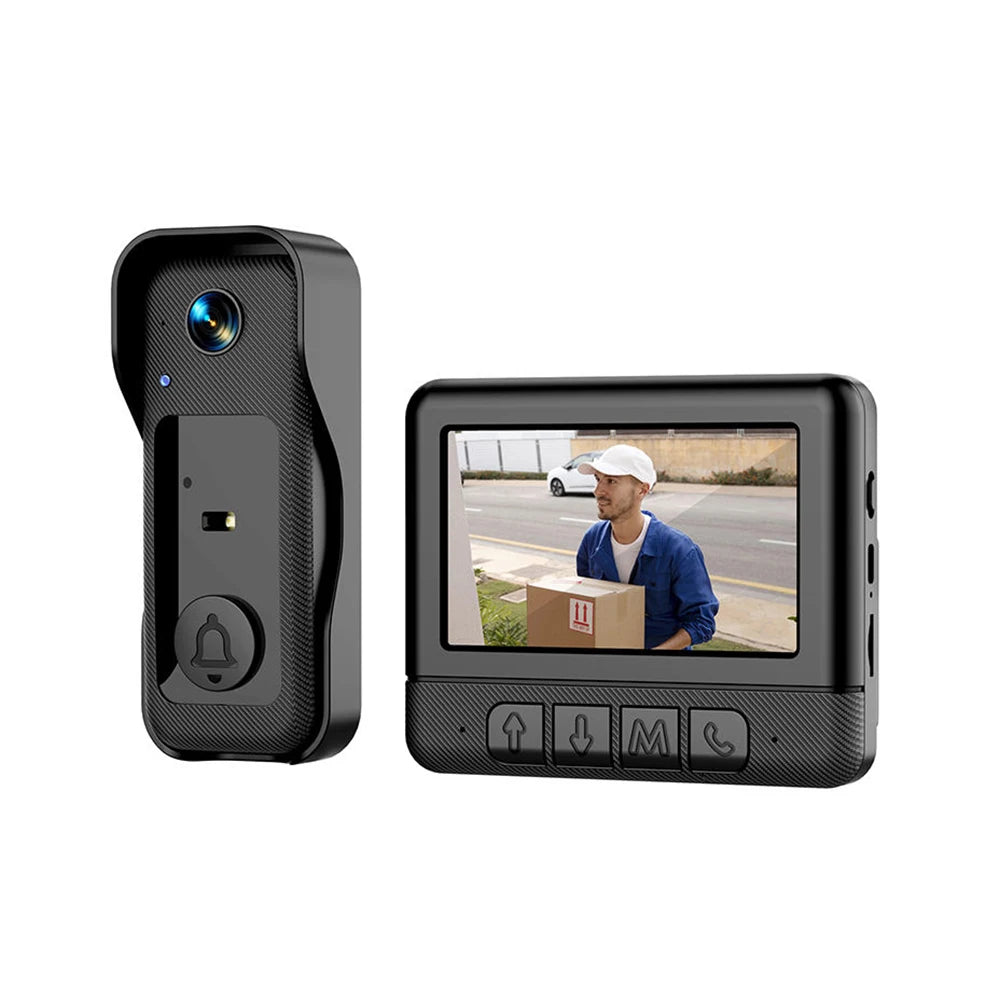 Black wireless video doorbell and matching 4.3-inch intercom display unit with menu buttons.