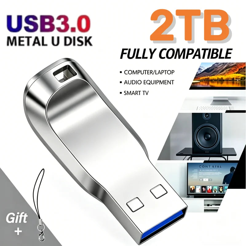 Sleek silver 2TB USB 3.0 flash drive with a metal casing, keyhole loop, and included lanyard. High-speed, portable design.