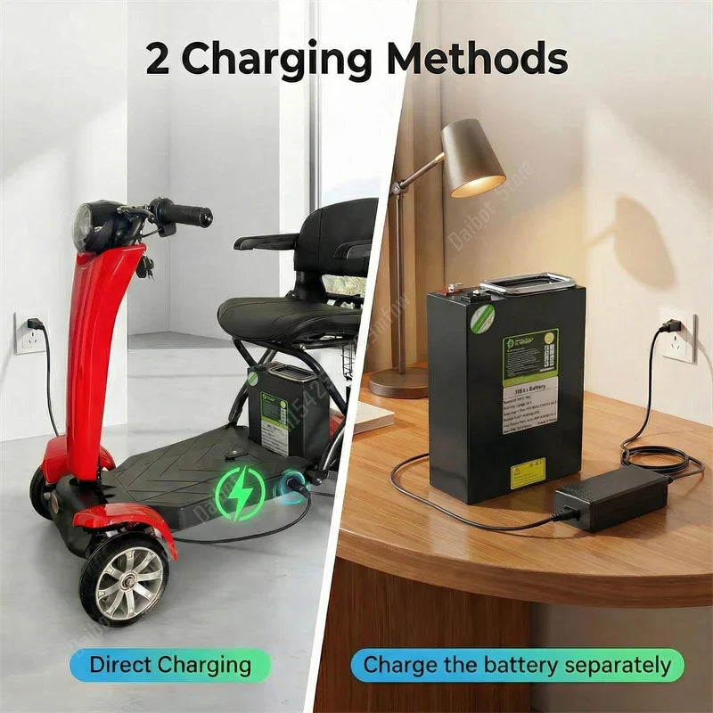 Red and black 4-wheel mobility scooter shown charging directly plugged in and separately via its removable battery.
