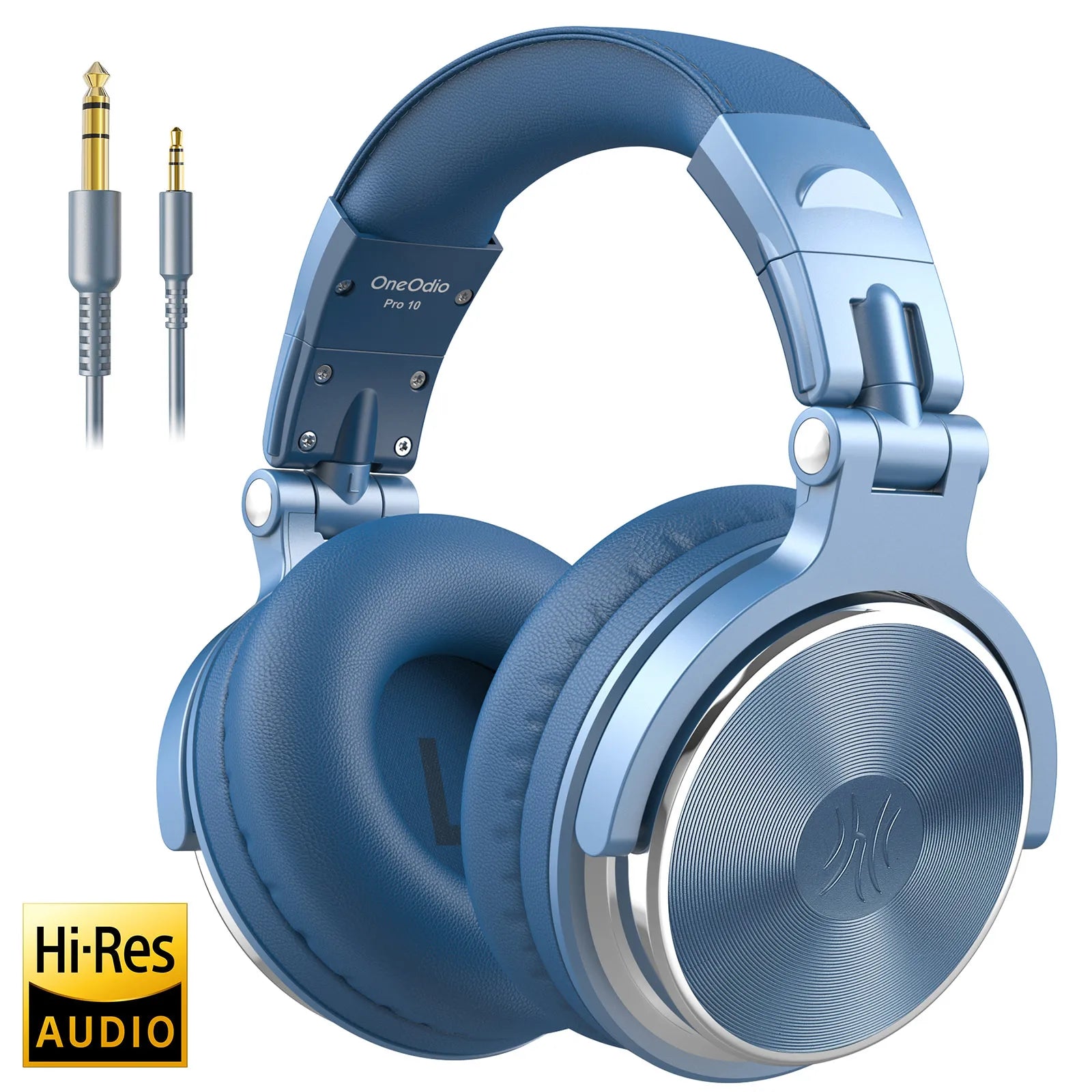 Blue wired over-ear studio headphones with padded ear cups, foldable design, and included audio cables.