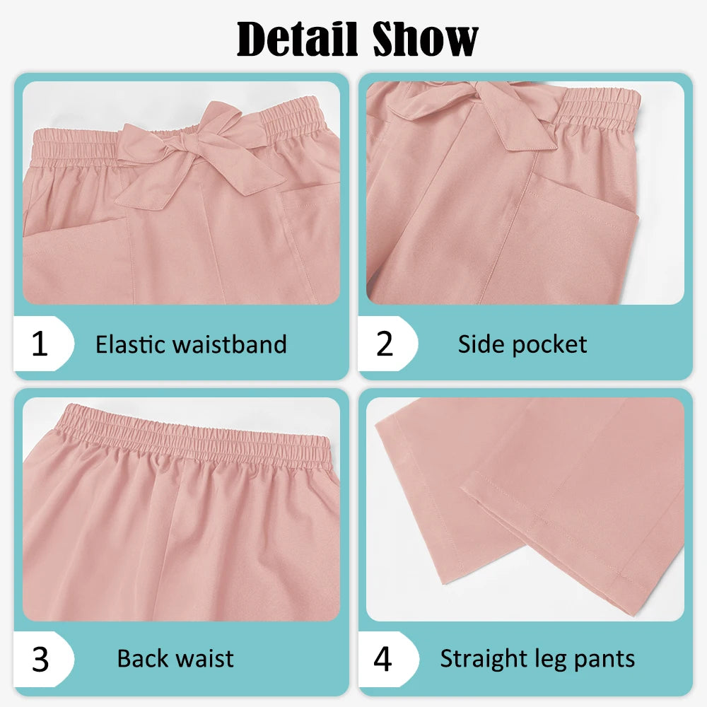 Dusty pink medical scrub trousers showing an elasticated waist with tie, side pockets, and a straight-leg fit.
