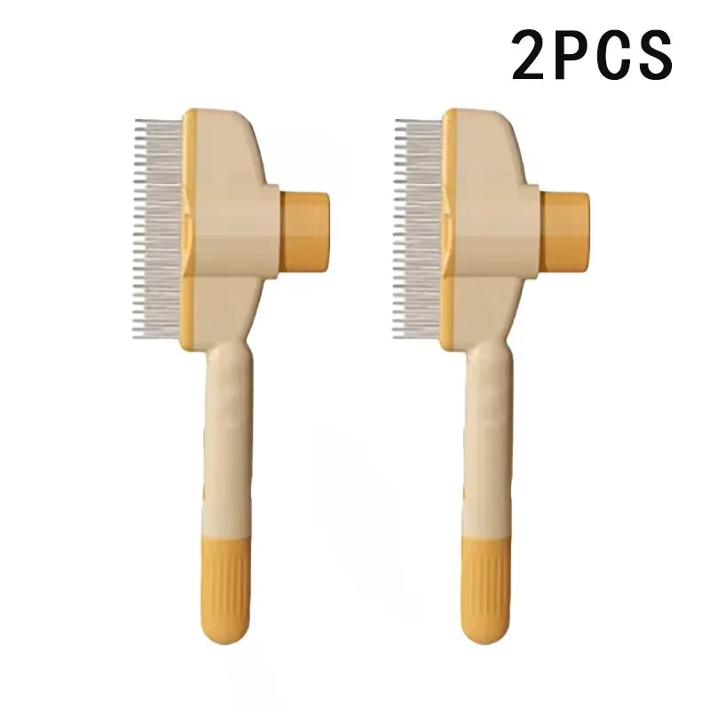 Two cream and yellow pet grooming rakes with metal teeth, shown side-by-side.