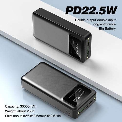 Two sleek black power banks with textured finish, featuring an LED digital display and multiple input/output ports.