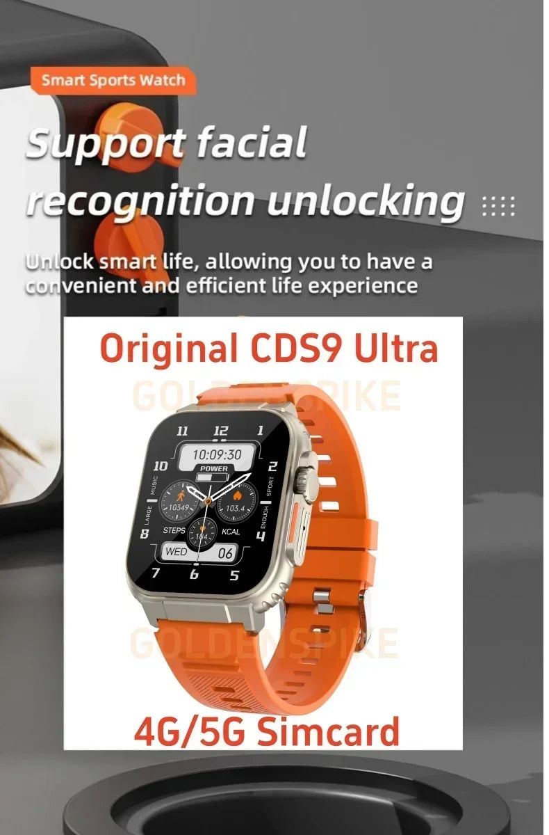 Silver and orange 4G Android smartwatch with a digital display, rotatable camera, and textured orange silicone strap.