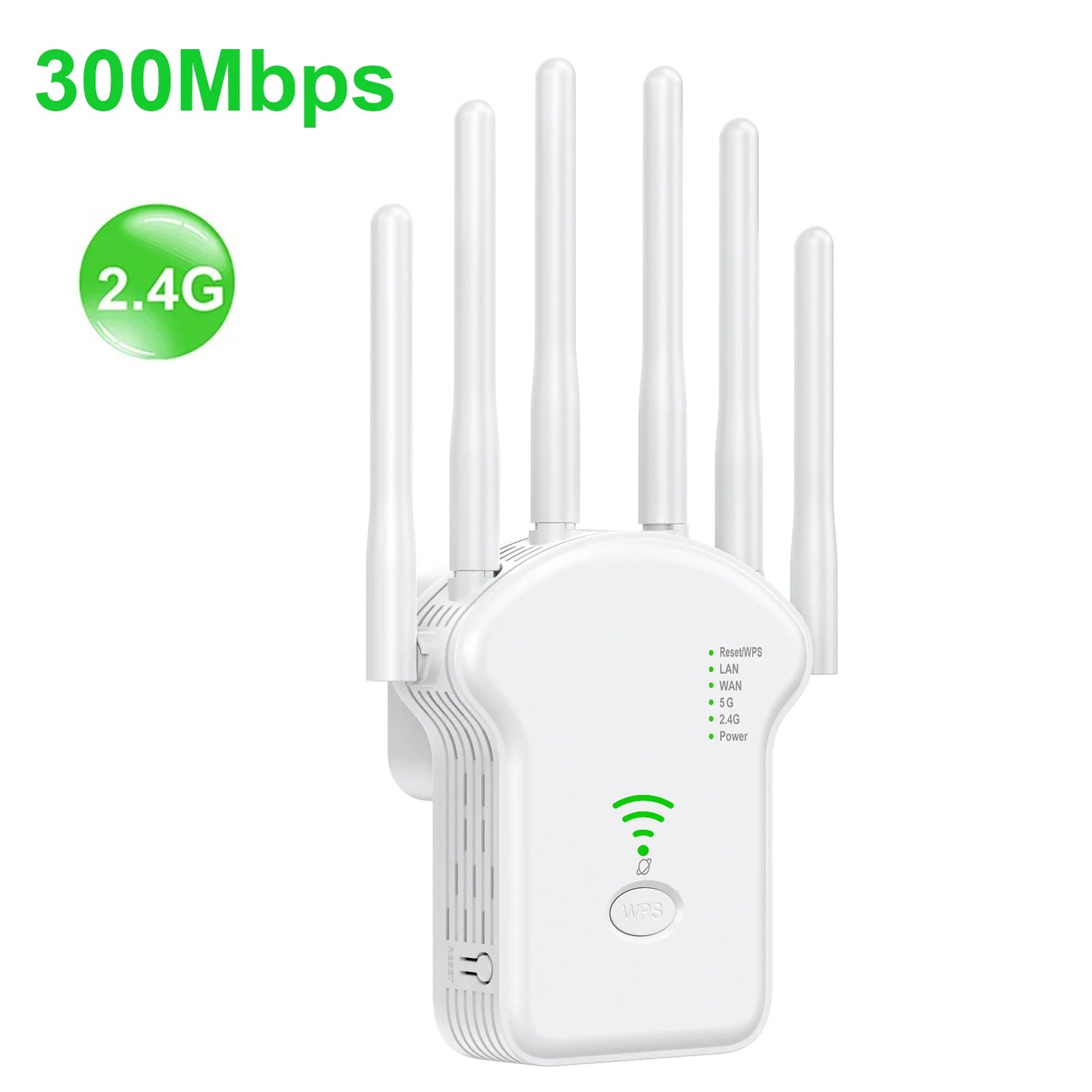 White dual-band WiFi range extender with four external antennas, status indicator lights and a central WPS button.