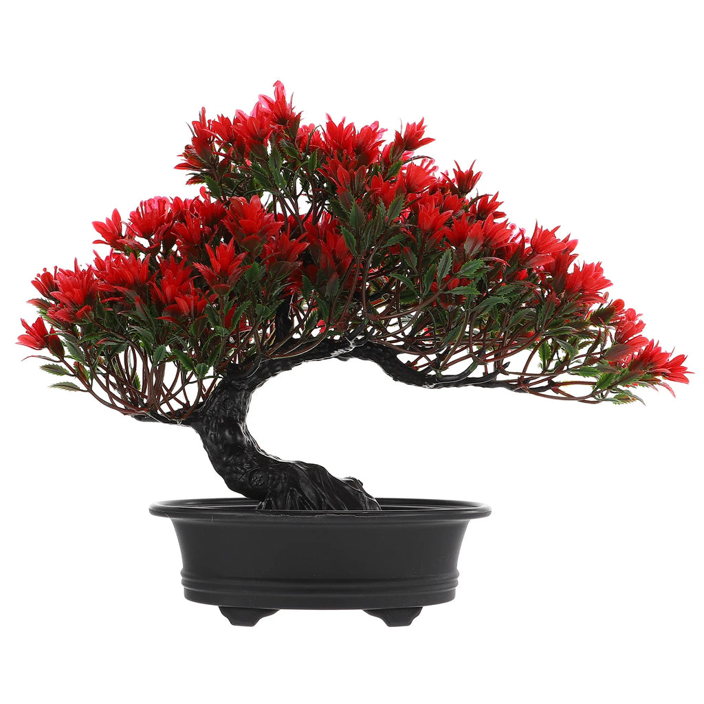 Artificial bonsai tree with vibrant red leaves and green accents, set in a sleek black, footed plastic pot.