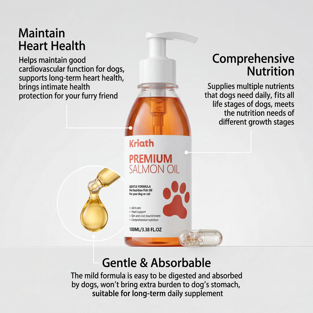 Pump bottle of premium salmon oil for pets, amber liquid, featuring a white label with a red paw print design.