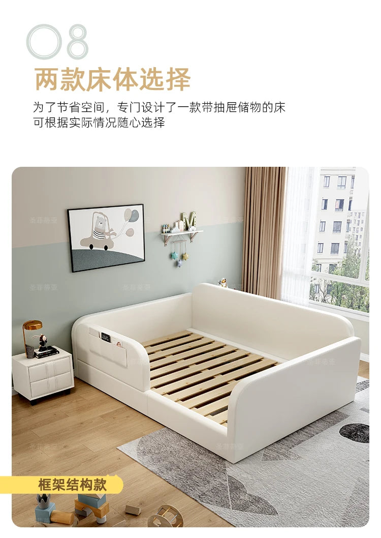 Modern cream upholstered bed frame with a minimalist design, safety sides, and integrated storage pocket.