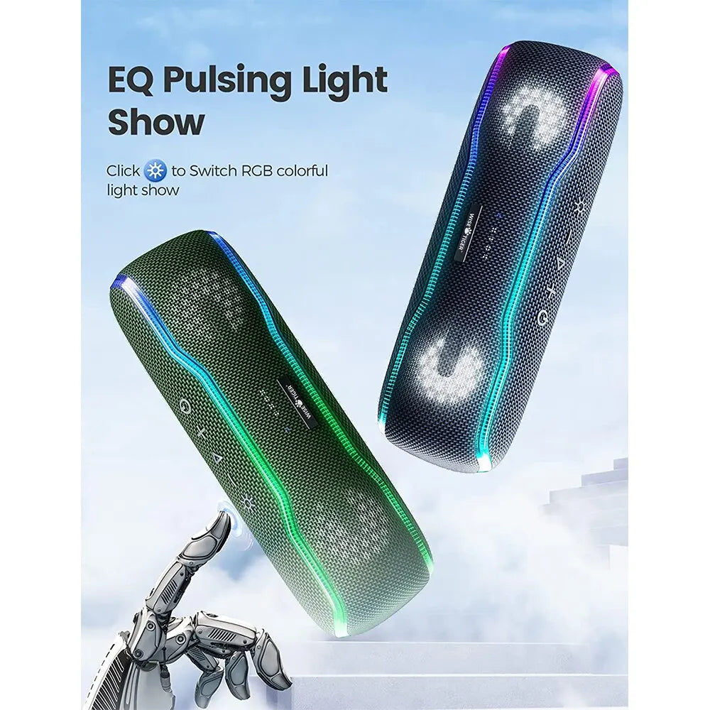 Two portable waterproof Bluetooth speakers in black and green, featuring vibrant pulsing RGB LED light strips.