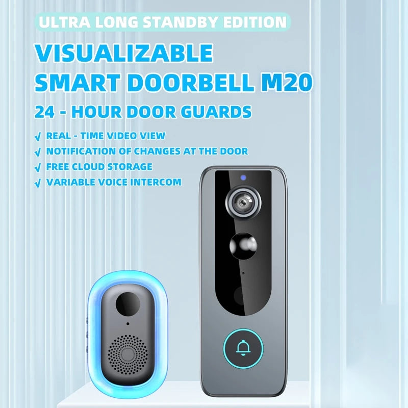 Sleek grey smart video doorbell with a camera, night vision, and matching doorbell chime with a glowing blue light.