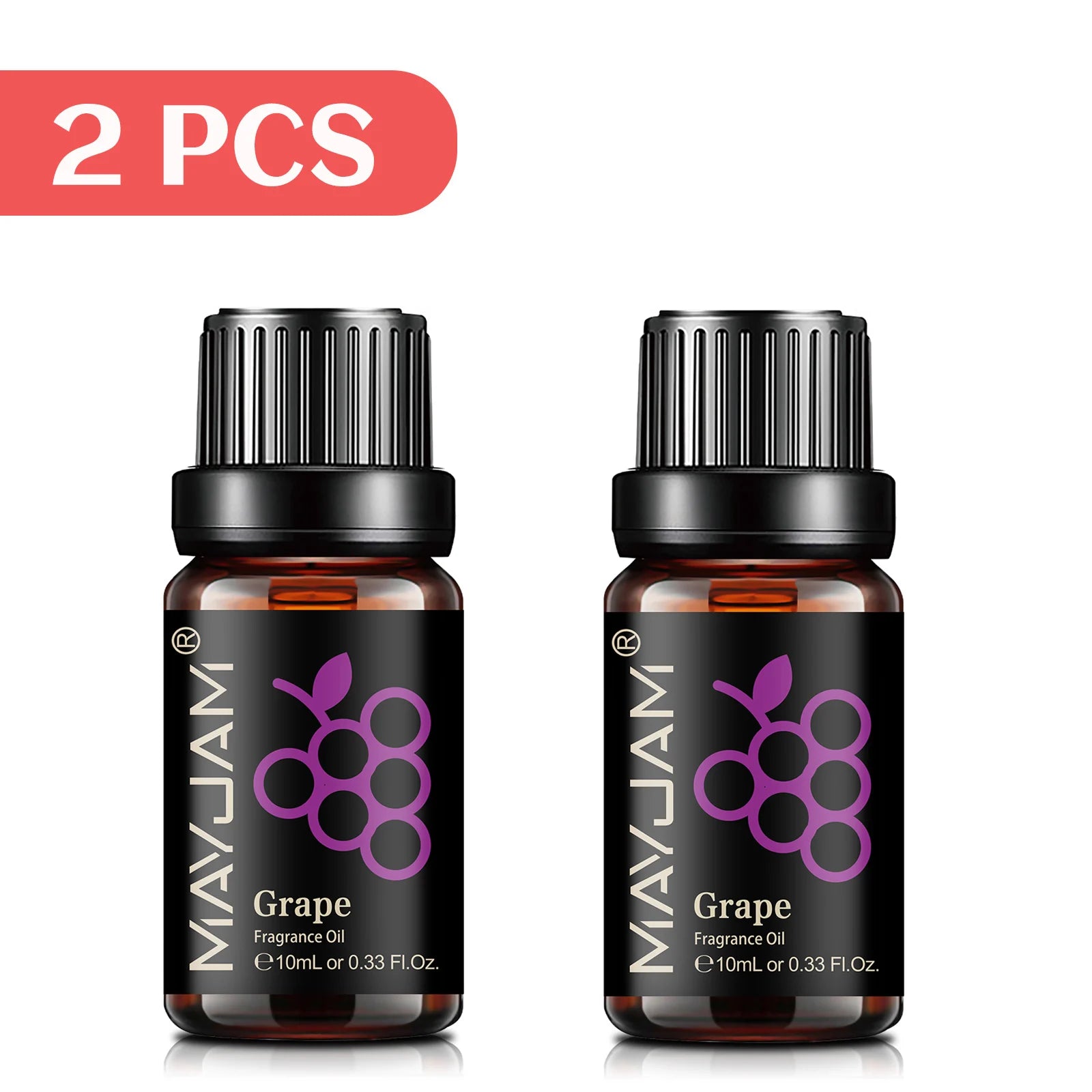 Two 10ml amber glass bottles of grape-scented fragrance oil with black dropper caps, displayed as a two-piece set.