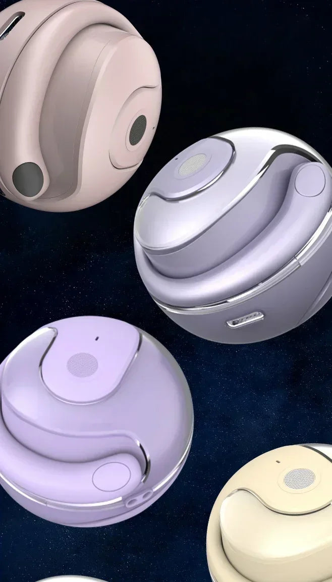 Four spherical, compact wireless earbuds in pastel pink, purple, and yellow against a dark, starry background.