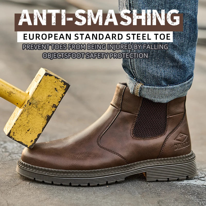 Brown leather safety boot with steel toe cap and elastic side gore being struck by a yellow hammer.