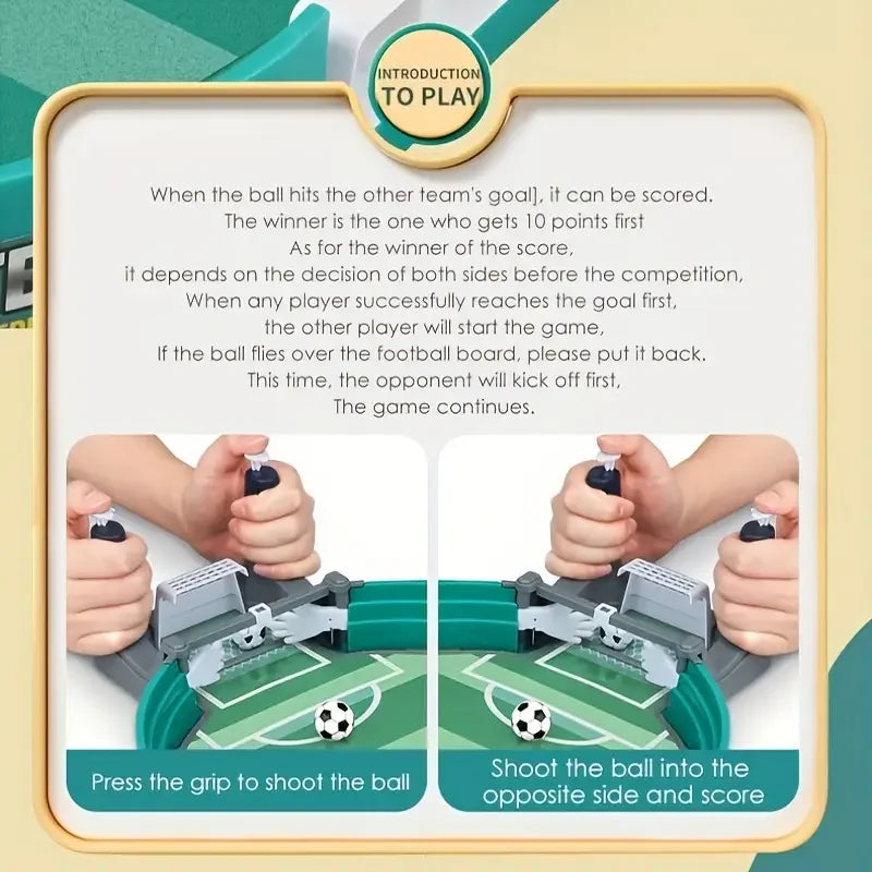 Tabletop football game with green pitch, goal nets, and hand-held grips to shoot the ball. Instructions included.