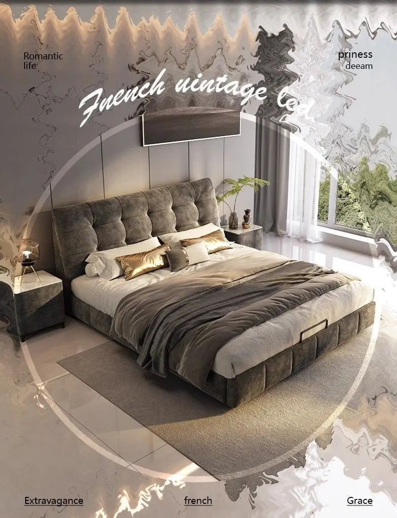 A luxurious, modern dark grey velvet bed frame with a button-tufted headboard in a stylish, minimalist bedroom setting.