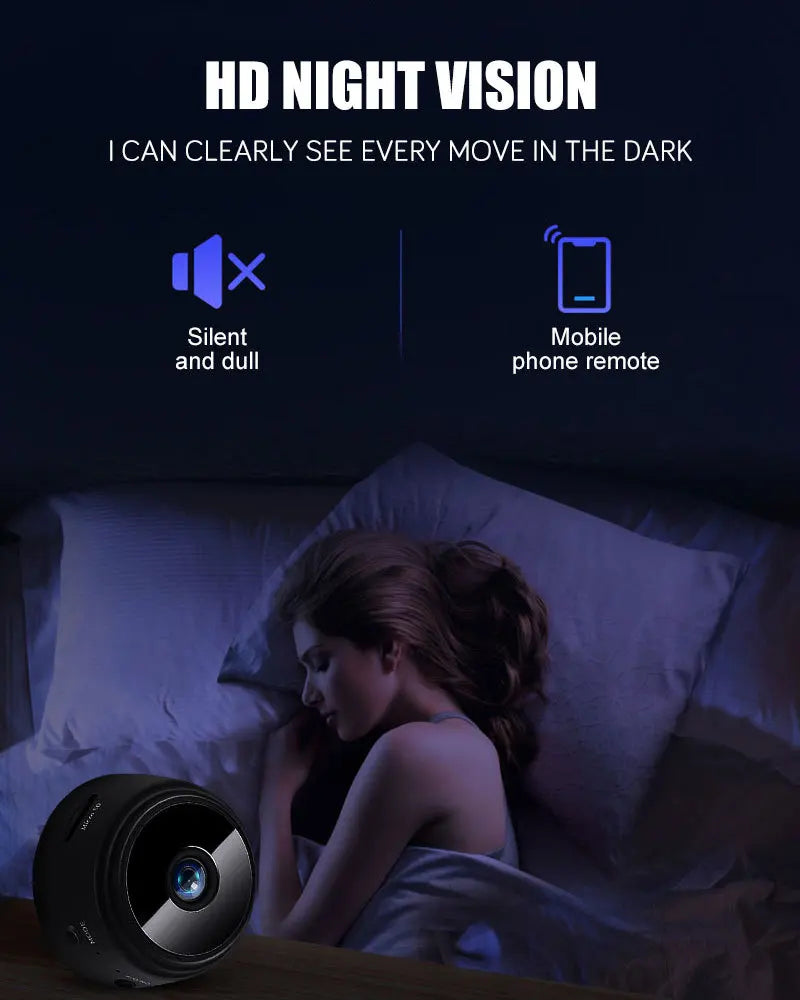 Small black circular plastic security camera with HD night vision, silent operation, and mobile phone remote access.