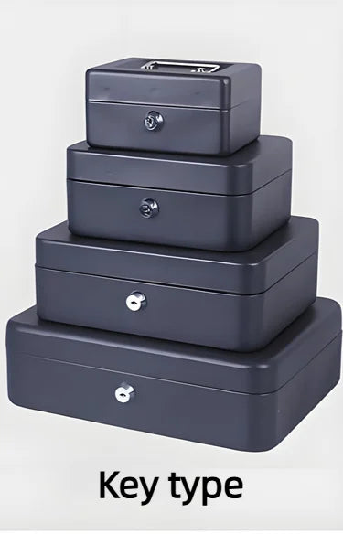 Four stacked grey metal lockable cash boxes with silver key locks.