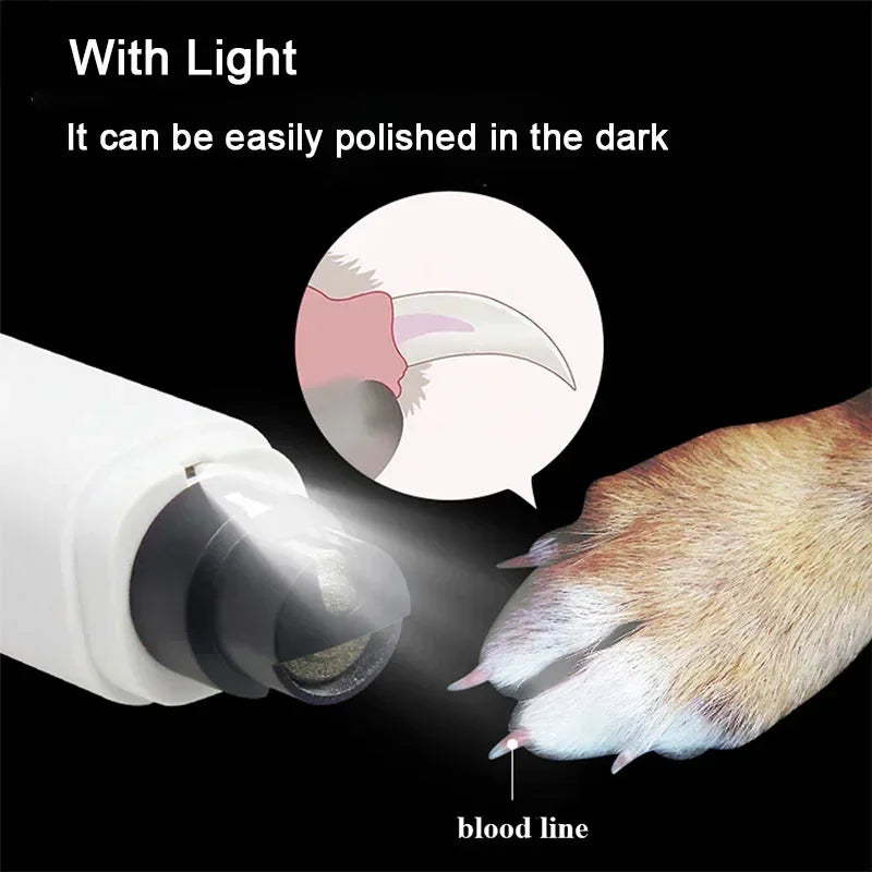 White electric pet nail grinder with a built-in LED light for safe trimming, shown illuminating a pet's claw.