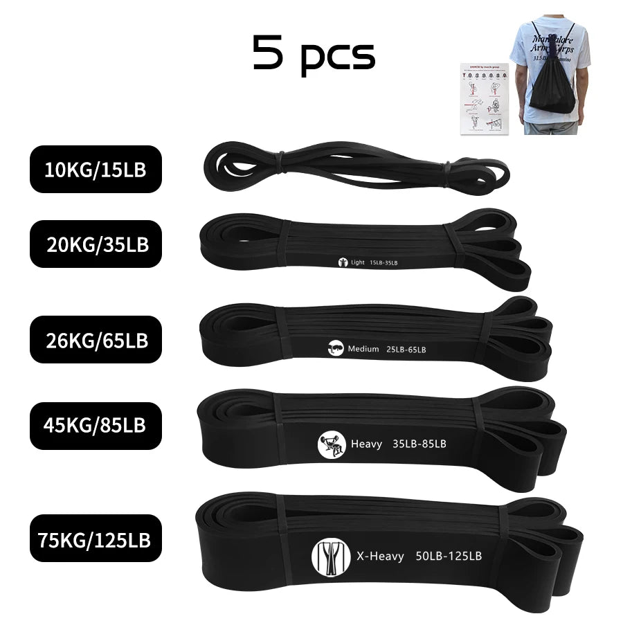 A set of 5 black resistance bands with varying weights, including a carry bag and exercise guide.