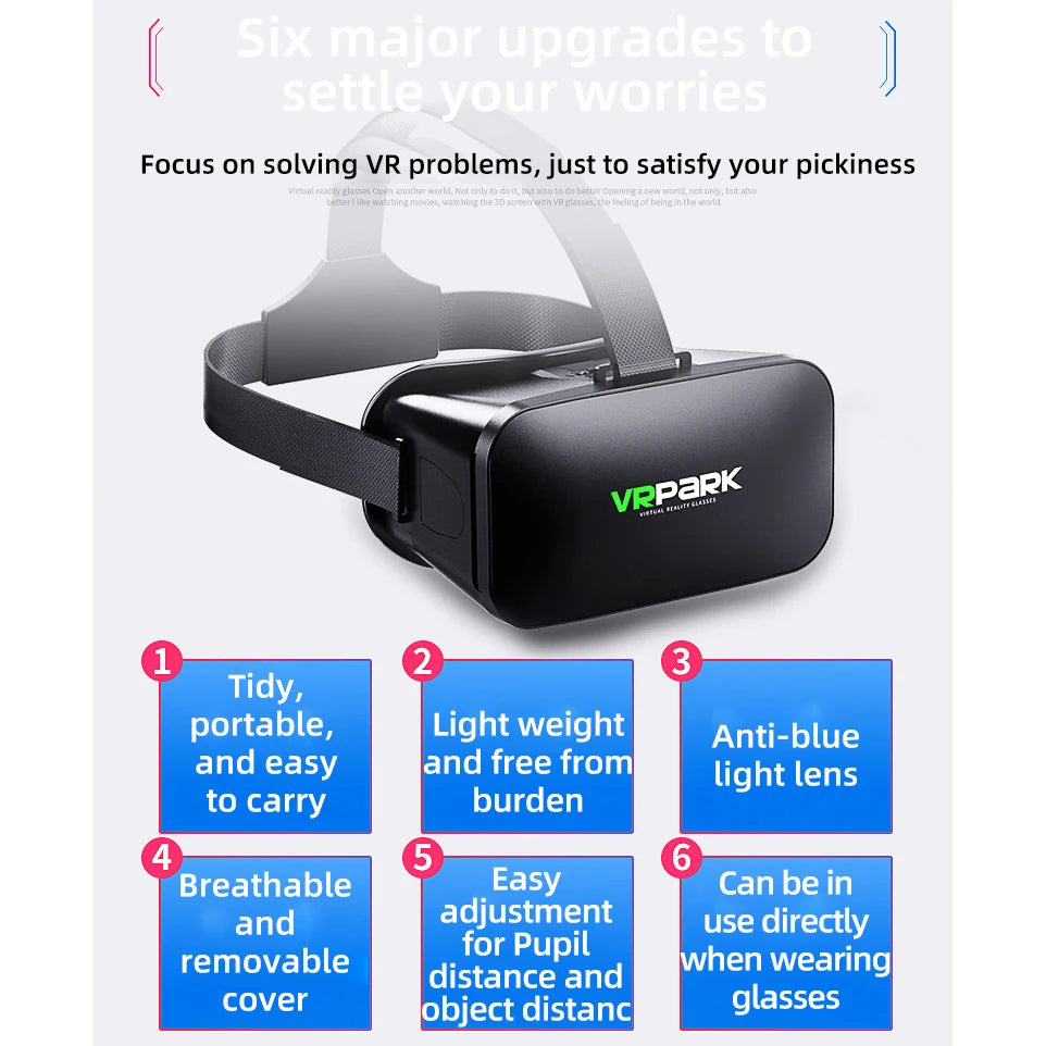Sleek black VR headset with adjustable head straps and a modern design, presented against an informational background.