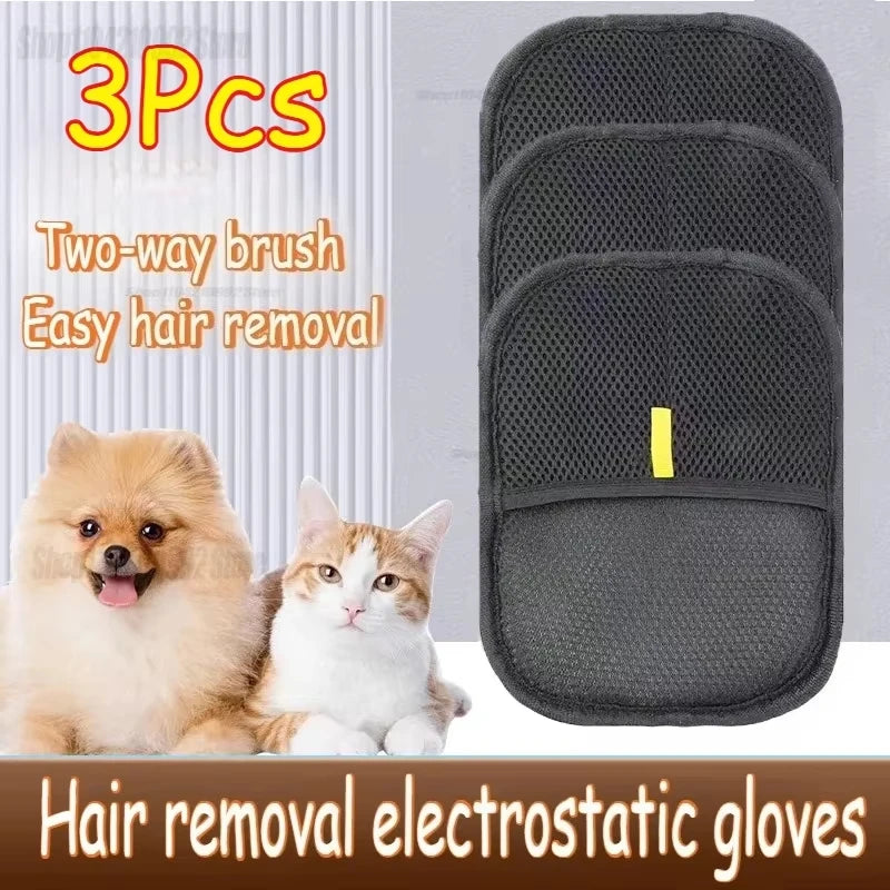 Three black, mesh-textured pet hair removal mitts, shown next to a dog and cat on a promotional product background.