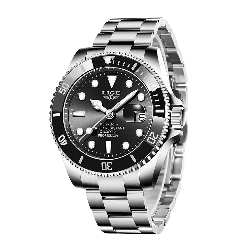 Men’s stainless steel quartz watch with a black dial, rotating bezel, luminous markers and a date display.
