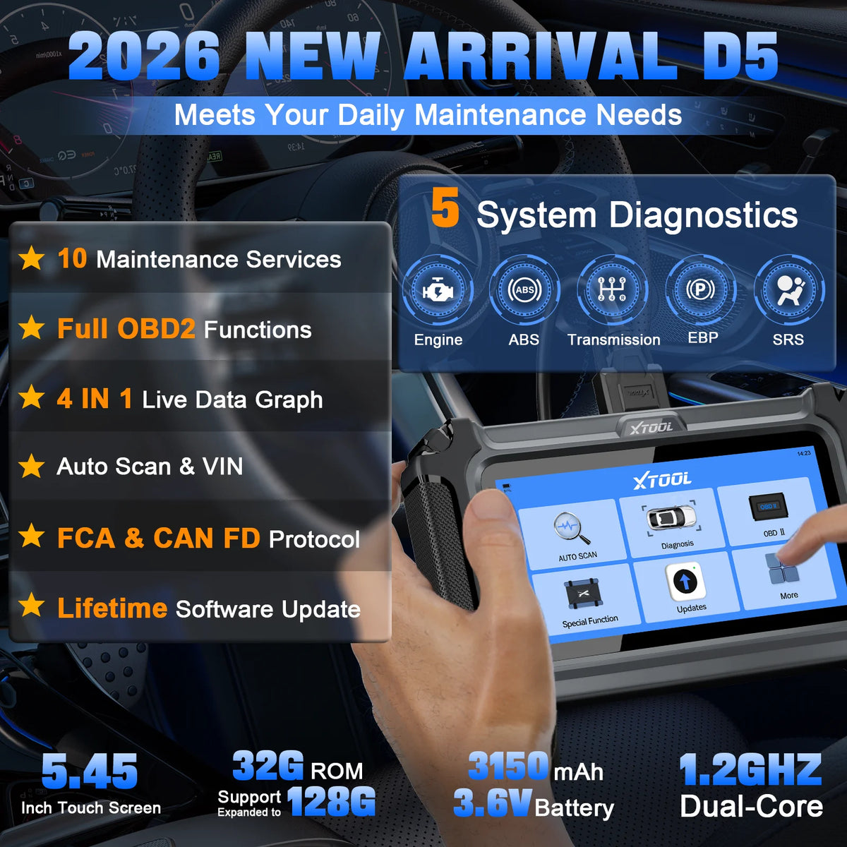 Gray handheld XTOOL D5 OBD2 car diagnostic scanner with a touchscreen showing diagnostic menus.