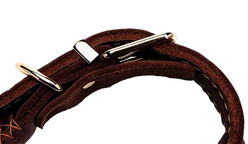 Dark brown braided real leather dog collar with a sturdy metal buckle and D-ring against a plain white background.