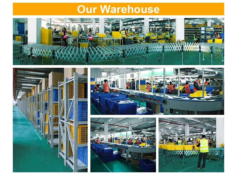 Warehouse interior featuring industrial shelving, blue and yellow storage crates, and automated conveyor belt systems.