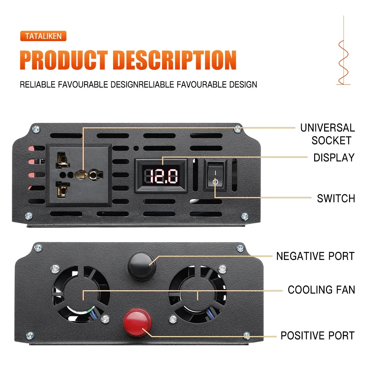 Black DC to AC power inverter with universal socket, digital display, on/off switch, cooling fans, and terminal ports.