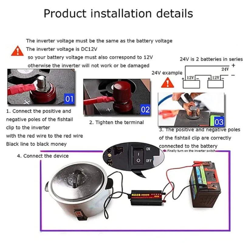 Installation guide for a 12V power inverter, showing terminal connections, battery wiring, and appliance setup.