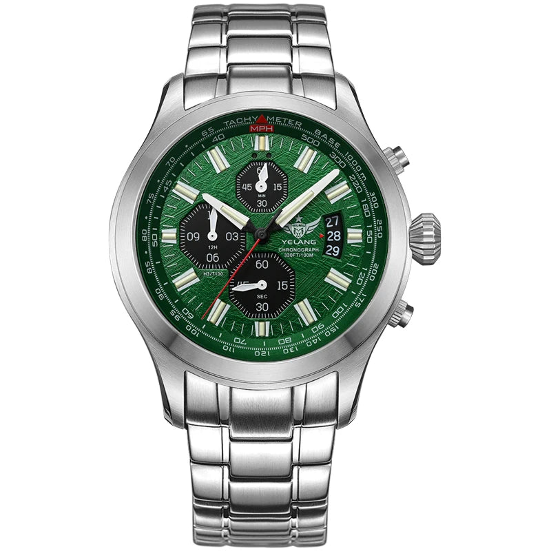 Yelang V1029S men's silver stainless steel quartz watch with a textured green chronograph dial and date window.