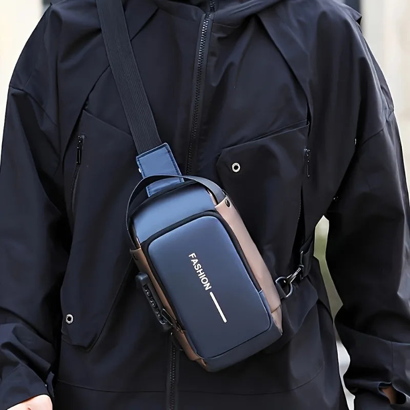 A navy blue, anti-theft sling bag worn across the chest, featuring a durable, modern design and integrated lock.