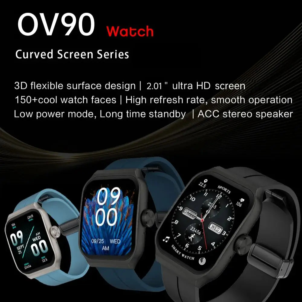 Three smartwatches with 2.01-inch curved screens and fitness tracking in blue, dark blue, and black.
