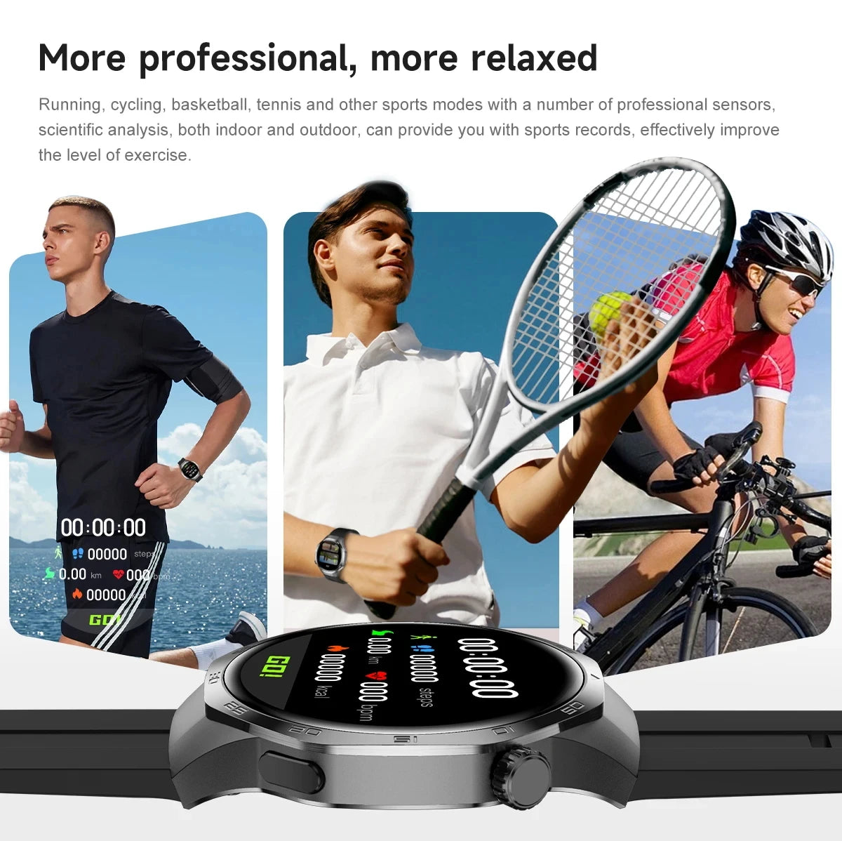 Sleek black sports smartwatch with circular digital display, featuring health tracking and various activity modes.