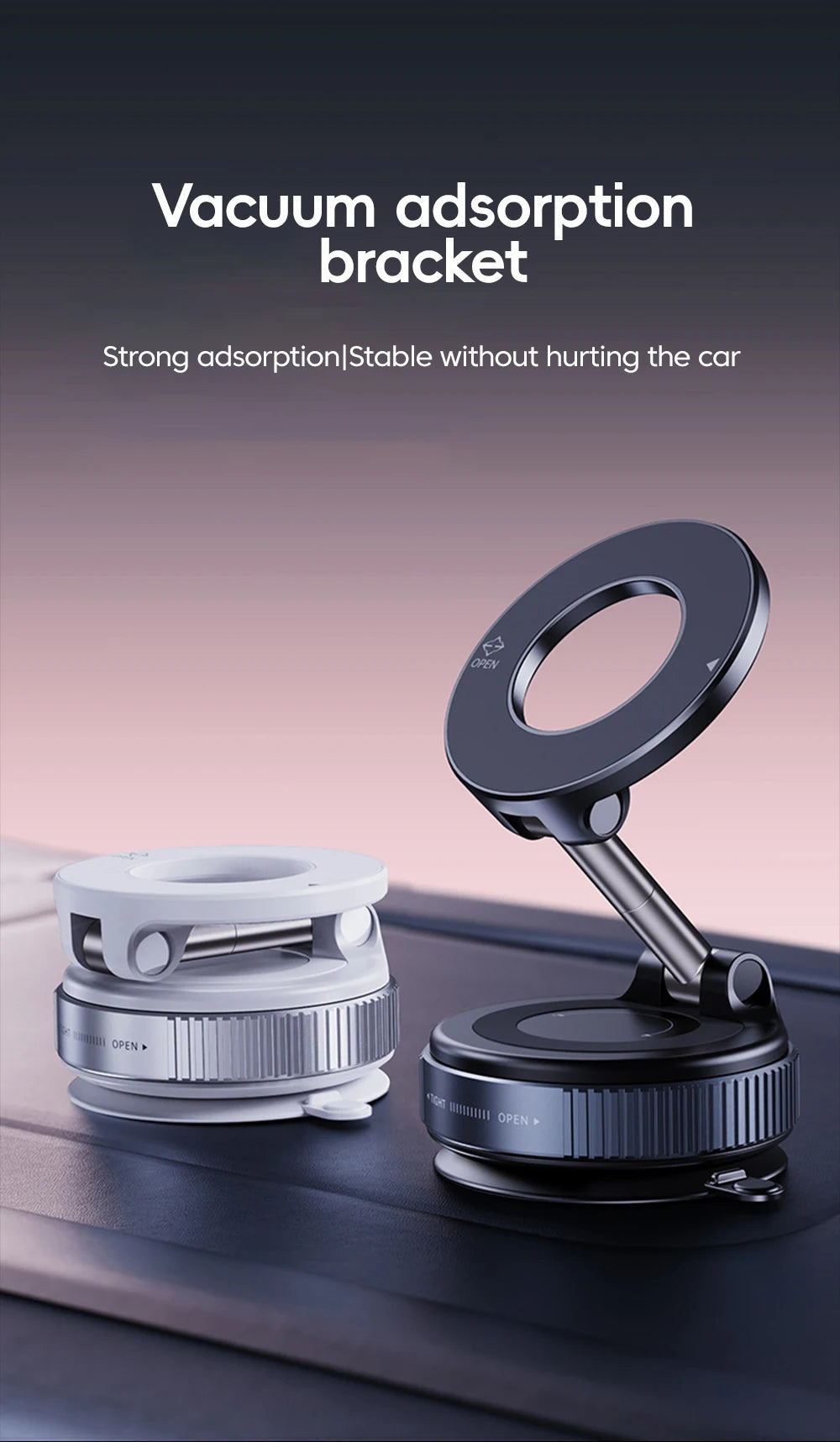 White and black circular car vacuum suction phone mounts with adjustable metallic arms on a dark surface.
