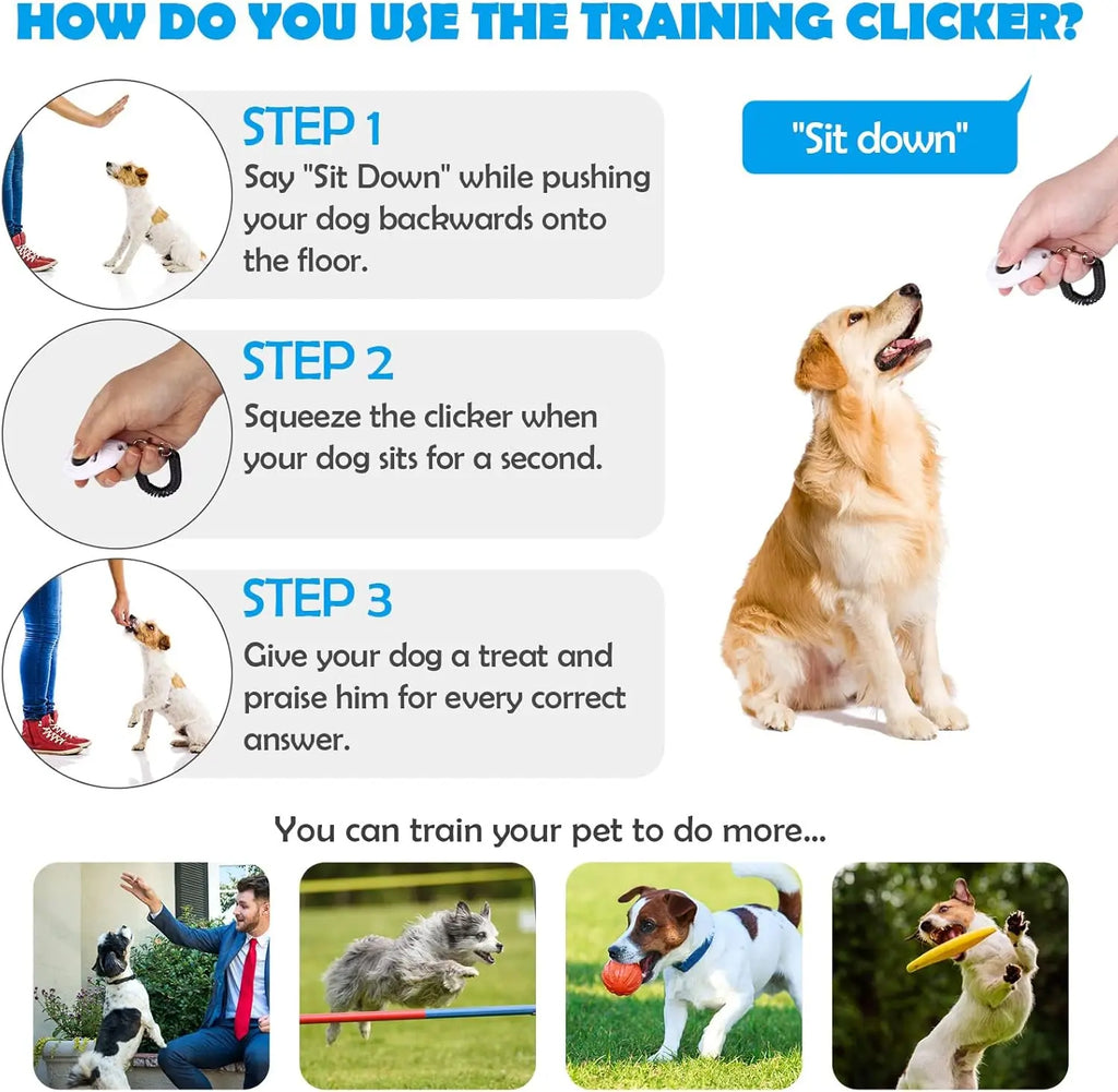 White dog training clicker with wrist strap, shown in a three-step guide for teaching your pet to sit.