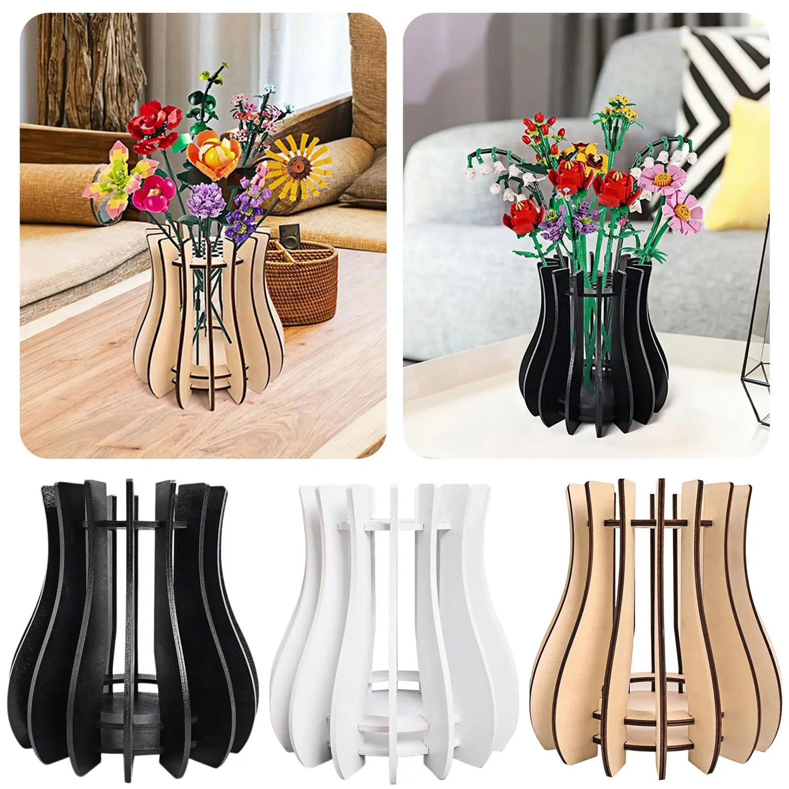 Decorative wooden flower vases in black, white, and natural wood, featuring a modern, slatted sculptural design.