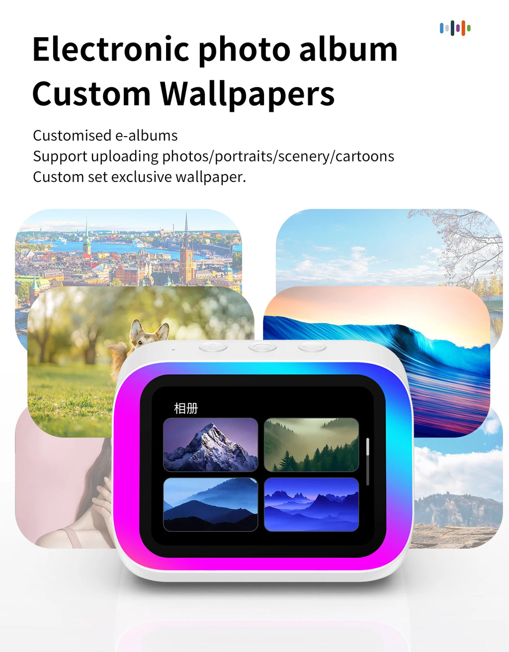 White smart speaker with a vibrant colour-changing LED border and screen displaying custom photo album options.