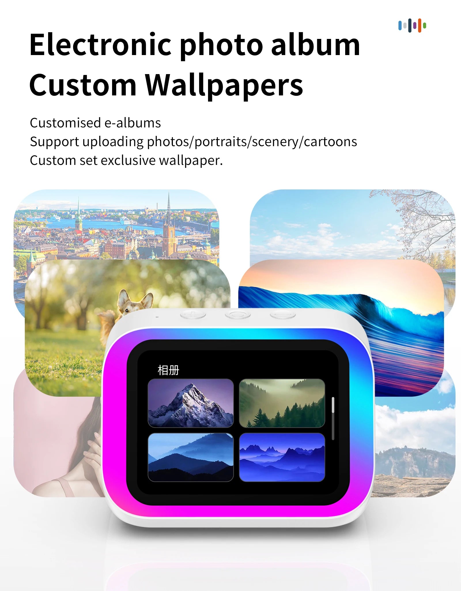 White smart speaker with a vibrant colour-changing LED border and screen displaying custom photo album options.