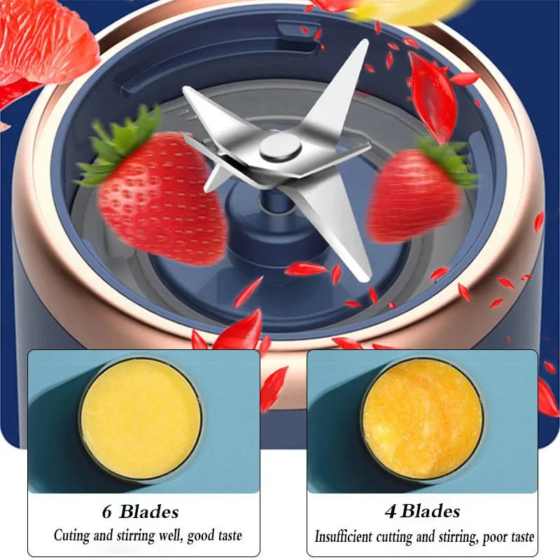 Portable blender with 6-blade stainless steel base and rose gold rim, compared against a 4-blade model for performance.