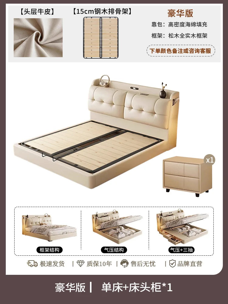 Modern cream leather bed frame with tufted headboard, lift-up storage base, wooden slats, and matching bedside cabinet.