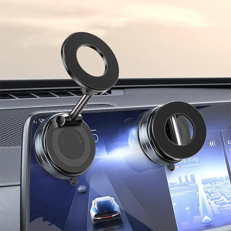Black, circular magnetic car phone mount with an adjustable arm, attached to a vehicle's digital dashboard display.