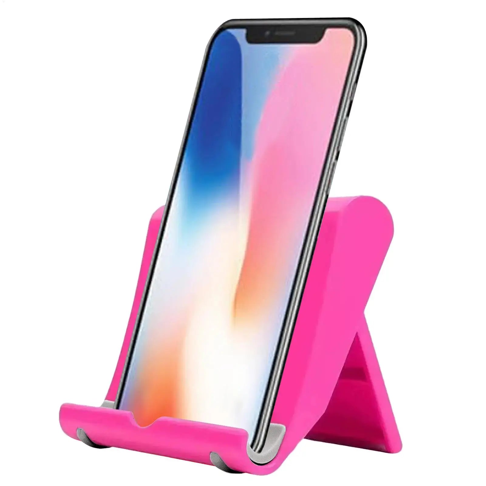 Bright pink, adjustable smartphone desk stand holding a mobile phone in a vertical position.
