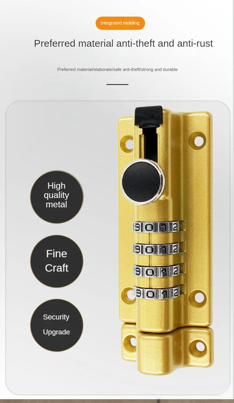 Gold-colored metal door bolt lock with a black sliding knob and a four-digit numerical combination dial.