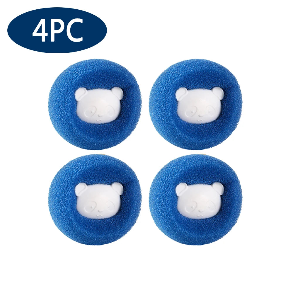 A pack of four blue laundry hair catcher sponges, each featuring a cute white panda face in the centre.