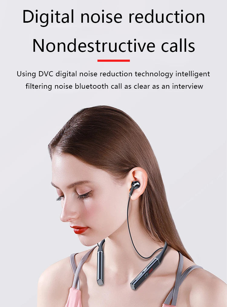 Woman wearing sleek black wireless magnetic neckband headphones with a digital battery display.