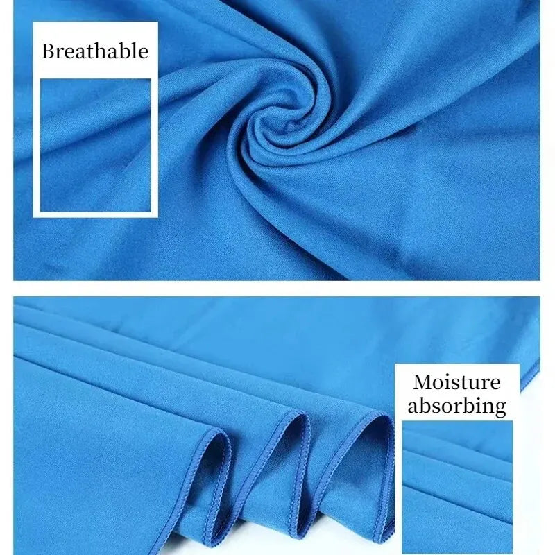 Blue cooling towel fabric with text overlays highlighting it as breathable and moisture-absorbing.