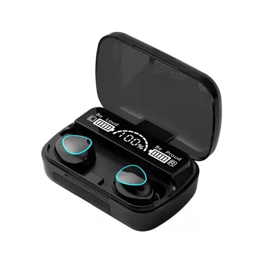 Black wireless earbuds in an open charging case with a digital battery display screen showing 100% power.