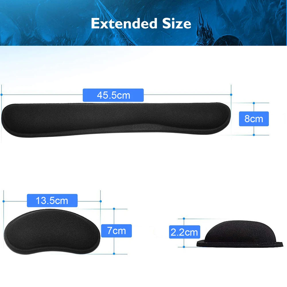 Black foam keyboard and mouse wrist rests with dimension labels for length, width, and height.